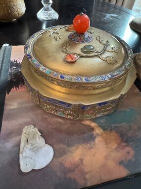 Vintage chinese antique Brass jadeite enamel Box and carved jade piece LOT